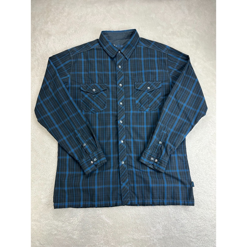 KÜHL Eluxur Button-Up Shirt Mens L Dark Blue Plaid Long-Sleeve Western Outdoor